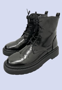 Black Chelsea Boots Women UK4 Faux Leather Lace Up