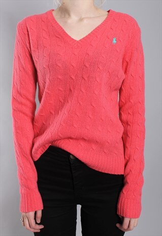 VINTAGE 90S RALPH LAUREN CORAL CABLE KNIT MERINO WOOL JUMPER