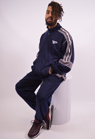 REEBOK MENS VINTAGE FULL TRACKSUIT LARGE NAVY BLUE 90S