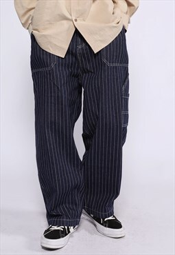 Vertical stripe jeans ripped side pocket denim pants in blue