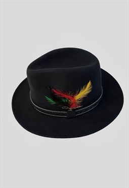 Vintage Style Hat Black Wool Fedora With Feather Ribbon Band