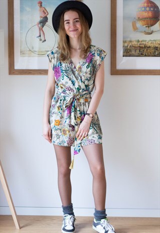 CREAM FLORAL BELTED PLAYSUIT