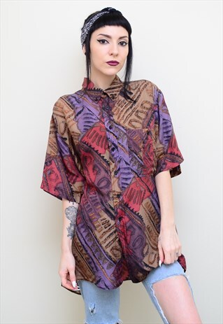 VINTAGE 90'S SILK ABSTRACT PATTERNED OVERSIZED SHIRT
