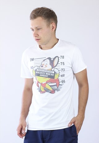 VINTAGE MENS MIGHTY MOUSE POLICE WANTED BIG LOGO T-SHIRT