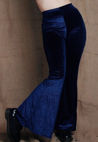 NAVY BLUE GLITTER HIGH WAISTED VELVET BELL BOTTOM FLARES