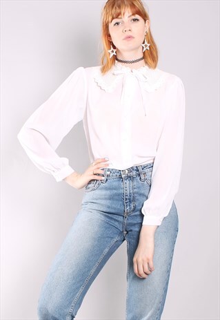 VINTAGE 60S WHITE SHEER CROCHET COLLAR TIE NECK BLOUSE