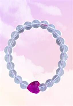 Pink Crystal Heart - Clear Quartz Beaded Gemstone Bracelet