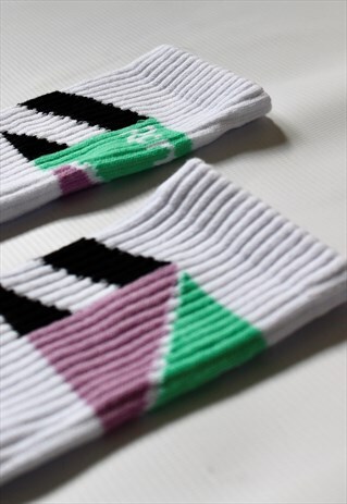 WHITE SPORTS SOCKS WITH GREEN, PURPLE AND BLACK STRIPES