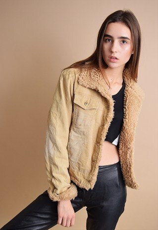 CUTE VINTAGE 90'S BOHO FAUX FUR CORDUROY NEUTRAL JACKET