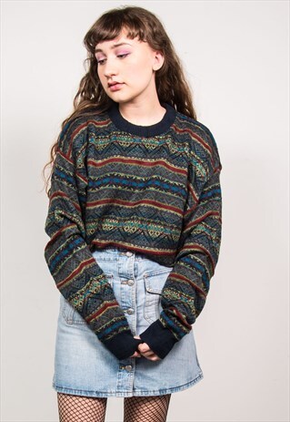 VINTAGE 90'S GREEN STRIPED KNIT GRUNGE STYLE JUMPER