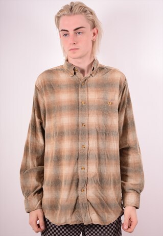 MENS VINTAGE CORDUROY SHIRT MEDIUM BROWN CHECK 90S