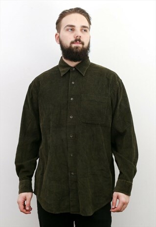 VINTAGE MEN'S L CORDUROY SHIRT BUTTON UP GREEN CORD RETRO