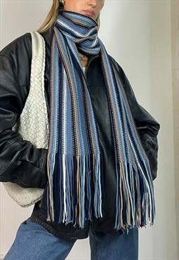 Vintage Y2k Striped Knitted Scarf Grunge Preppy Blue