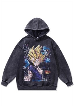 Anime hoodie vintage wash pullover Dragon Ball jumper grey