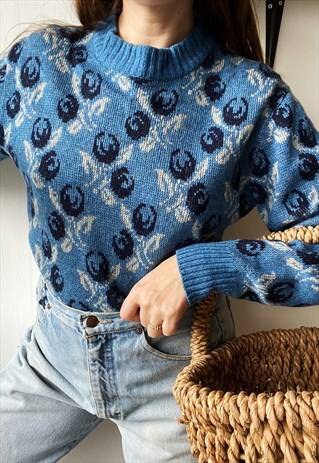 VINTAGE 80S BLUEBERRY FAIR ISLE KNIT BOHEME JUMPER PULLOVER