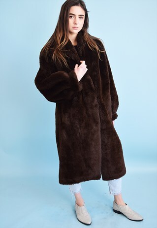 VINTAGE 80'S RETRO OVERSIZED FAUX FUR BROWN COAT