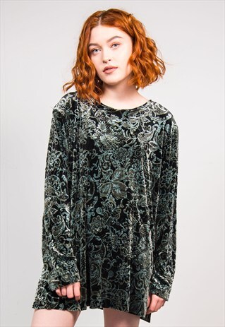 VINTAGE 90'S GREEN PATTERN VELVET OVERSIZE TOP DRESS
