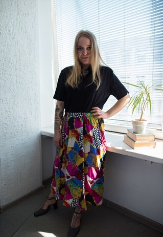 VINTAGE 80'S MULTICOLOUR PATTERNED MIDI SKIRT
