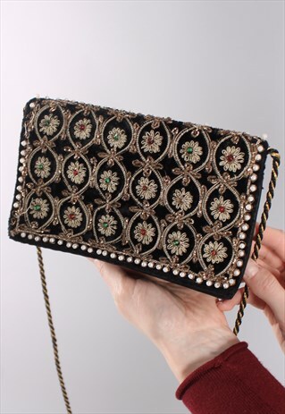 VINTAGE 80S VELVET EMBROIDERED BEADED BAG PURSE