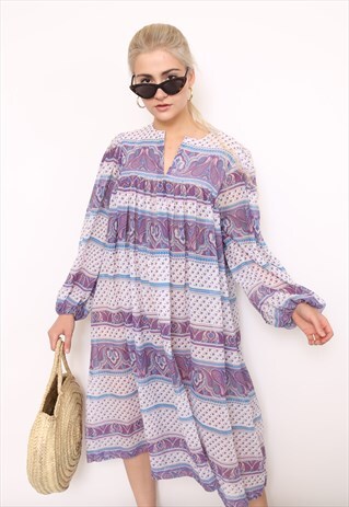 VINTAGE 70S INDIAN PURPLE COTTON MIDI DRESS