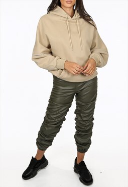 Ruched Side PU Joggers In Khaki