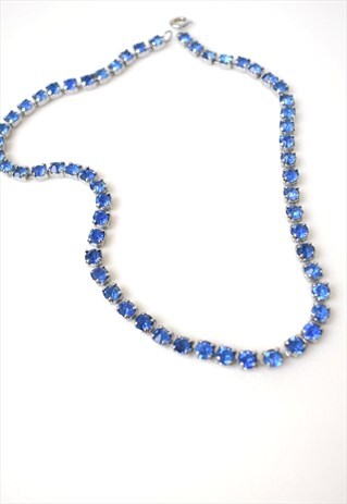 VINTAGE BLUE DIAMANTE RHINESTONE CRYSTAL CHAIN NECKLACE
