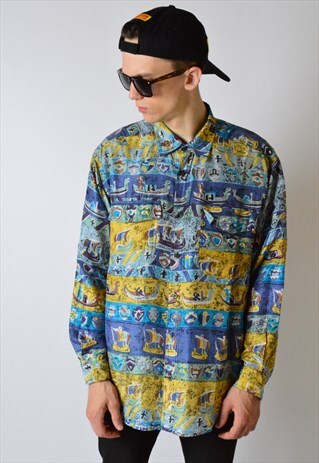 VINTAGE 80S COLOURFUL LONG SLEEVE SILK SHIRT