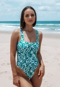 Low Back Swimsuit // Green Floral Checker