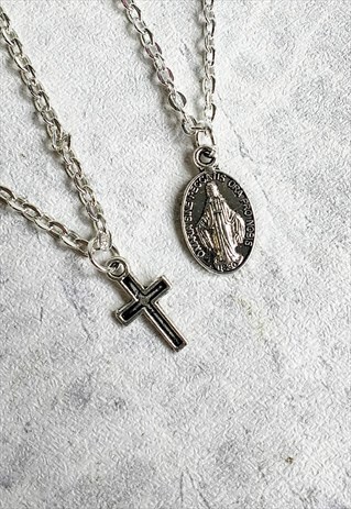 VIRGIN MARY AND CROSS 2 NECKLACE SET