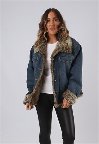 DENIM JACKET FAUX FUR LINED OVERSIZED VINTAGE UK 16 (HKEL)