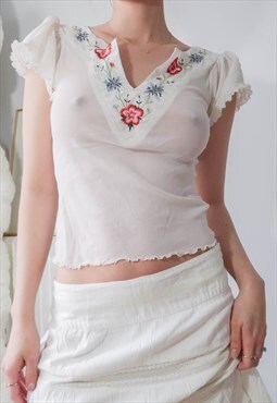 Vintage Cottagecore Floral Embroidered Mesh Top