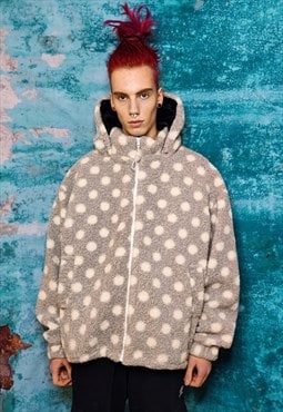 Polka dot fleece hooded jacket handmade retro fluffy coat