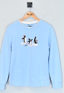 Vintage Christmas Penguin Sweatshirt Blue Medium