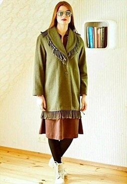 Khaki green fringe wool jacket