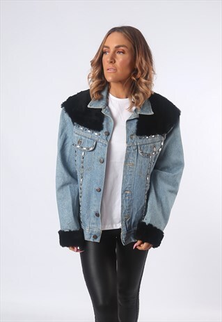 CUSTOMISED DENIM JACKET OVERSIZED FAUX FUR UK 16 (E1F)