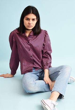 80'S RETRO CHECKED PRINT SHIMMER MOMS SHIRT TOP