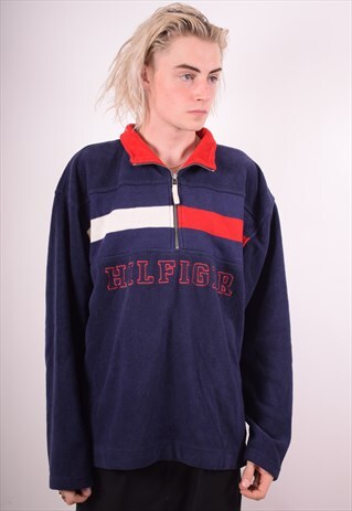TOMMY HILFIGER MENS VINTAGE FLEECE JUMPER XL BLUE 90S