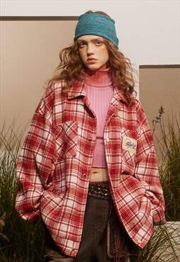 Lumberjack jacket checked woolen bomber plaid coat in red