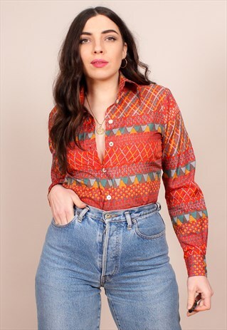 VINTAGE 70S ABSTRACT STRIPE PRINT BLOUSE