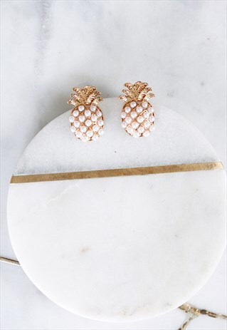 GOLD FAUX PEARL PINEAPPLE STUD EVERYDAY RETRO EARRINGS
