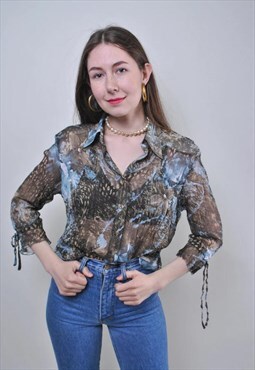 Floral print vintage blouse, 80s women retro lace shirt