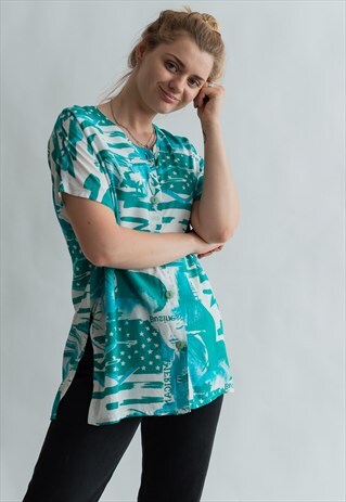VINTAGE 80S FESTIVAL PATTERNED SHIRT IN ELECTRIC GREEN