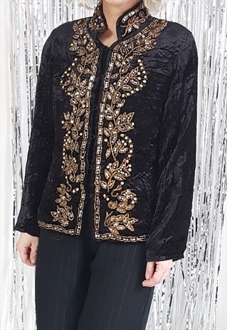 VINTAGE 90'S BLACK VELVET JACKET W/ BRONZE THREAD SEQUINS