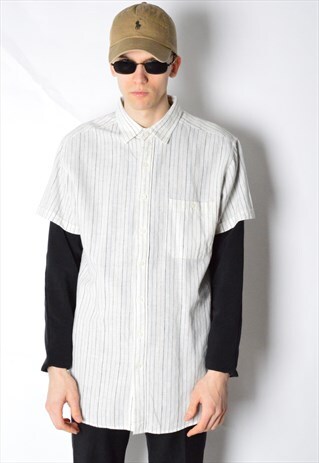 BEIGE STRIPED LINEN BLEND SHORT SLEEVE SHIRT