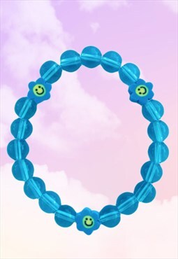 Flower Smiley Face Lake Blue Quartz Beaded Gemstone Bracelet
