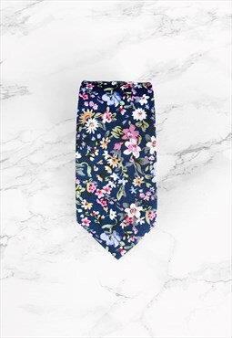 Navy Blue & Pink Cotton Floral Wedding Tie
