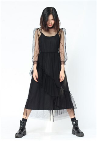 KOREAN STYLE DRESS IN BLACK WITH A SEE THROUGH OVERLAY