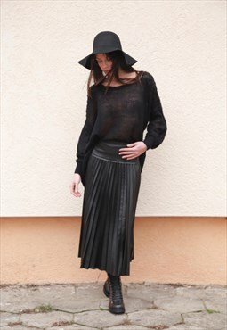Midi Leather Skirt Pleated Casual All Season F1565