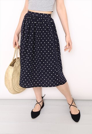 VINTAGE 90S NAVY WHITE POLKADOT MIDI SKIRT