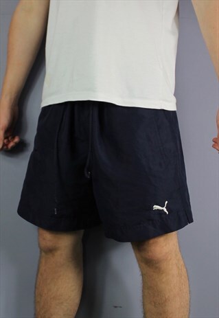 VINTAGE PUMA SHORTS IN NAVY BLUE WITH POCKETS, EMBROIDERED L
